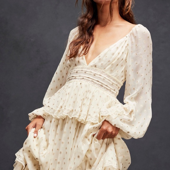 Free People Rococo Sand Emi Long Sleeved Dress Ruffle Lace Trim Metallic Ivory - Picture 4 of 6
